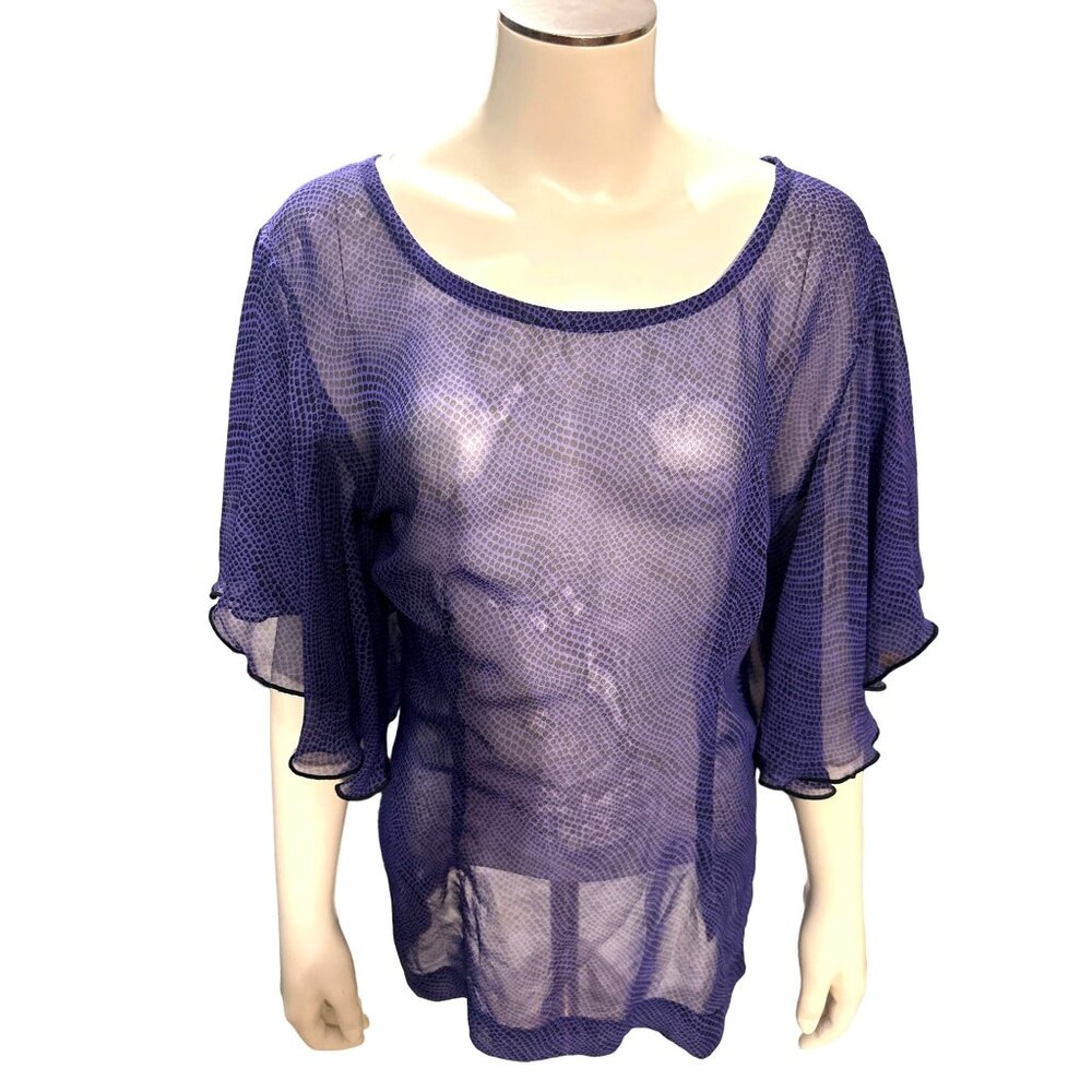 CCC Purple Sheer Short Bell Sleeve Round Neck Summer Blouse Size Small Cover up